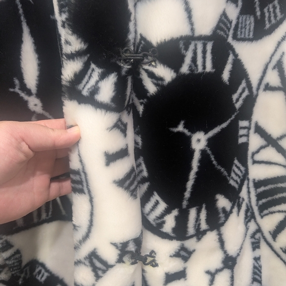 Vintage Black and White Roman Numerical Clock Pattern Coat Faux Fur Women 44 M - Picture 3 of 9